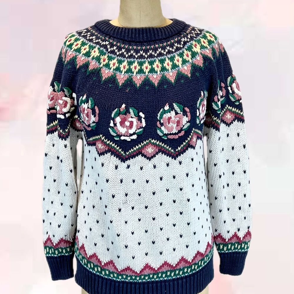 VINTAGE 80s rose floral embroidered‎ fair isle knit sweater cottagecore feminine